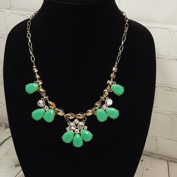 Green & Gold Colored Statement Bib Necklace Teardrop Cabochons Clear Rhinestones - Picture 1 of 5